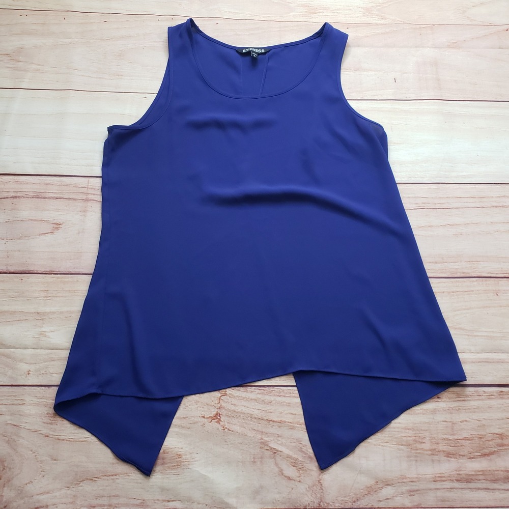 Express Tank Top Womens Medium Blue Split Back Asymmetrical Sharkbite Blouse